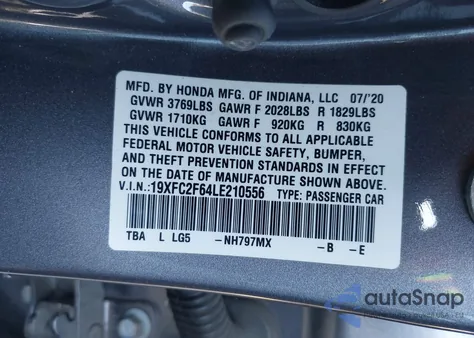 2020 Honda Civic Lx из США, поврежденный, VIN 19XFC2F64LE210556